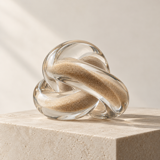 Clear Drift Knot glass paperweight with a suspended sand core