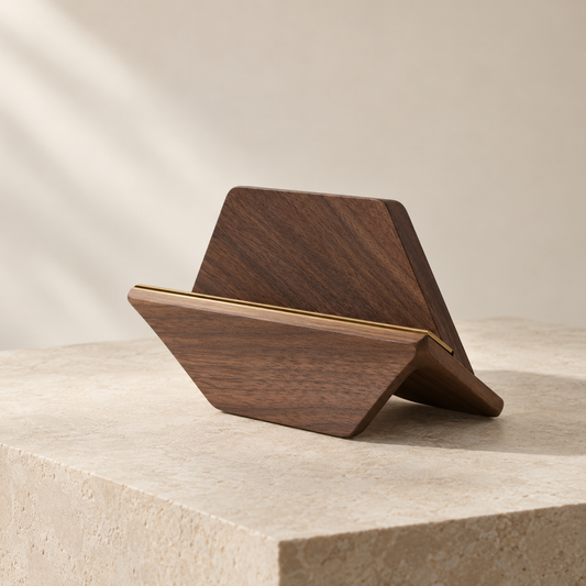 Folded Horizon walnut photo stand with brass slot
