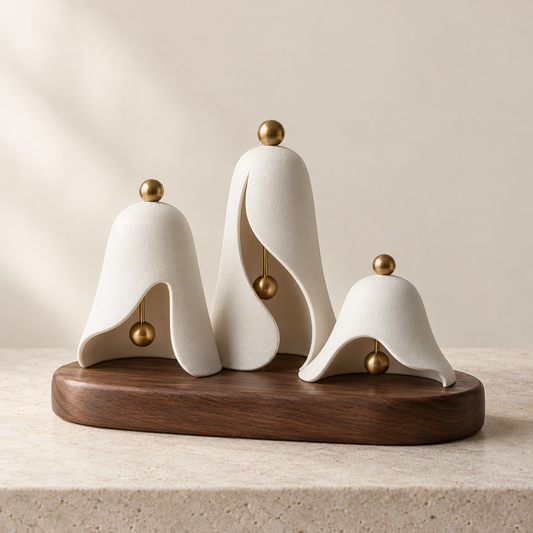 Frost Bell porcelain Christmas trio on a walnut base