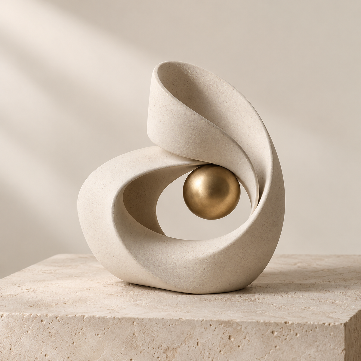 Orbit Fold Sculpture in off-white ceramic with a brass sphere