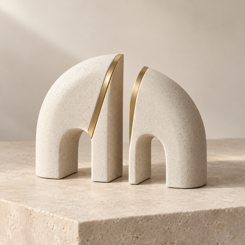 Pair of Quiet Arch stoneware bookends with brass inlay