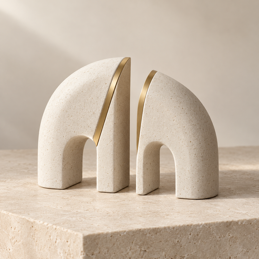 Pair of Quiet Arch stoneware bookends with brass inlay