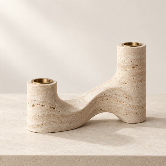 Soft Current travertine candle stand with two brass sockets